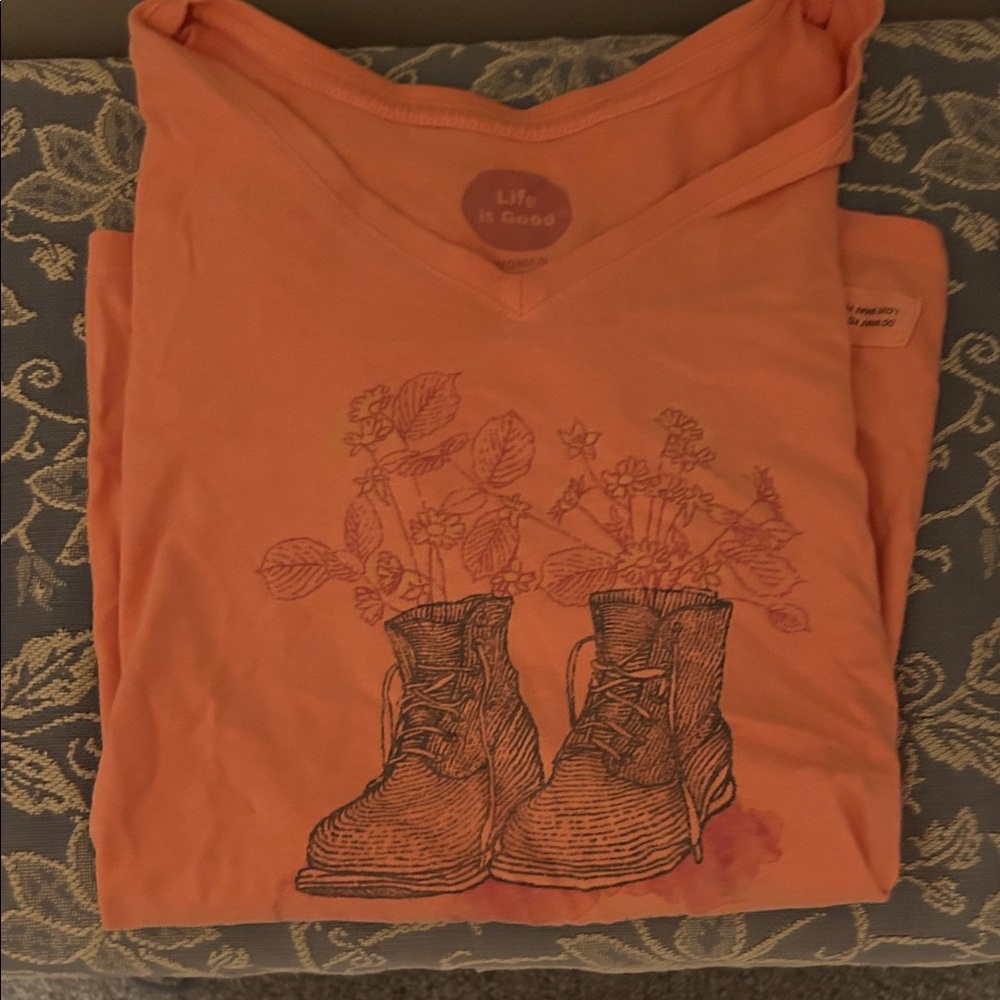 Life Is Good Garden themed Coral Tee with Boot and Floral Design